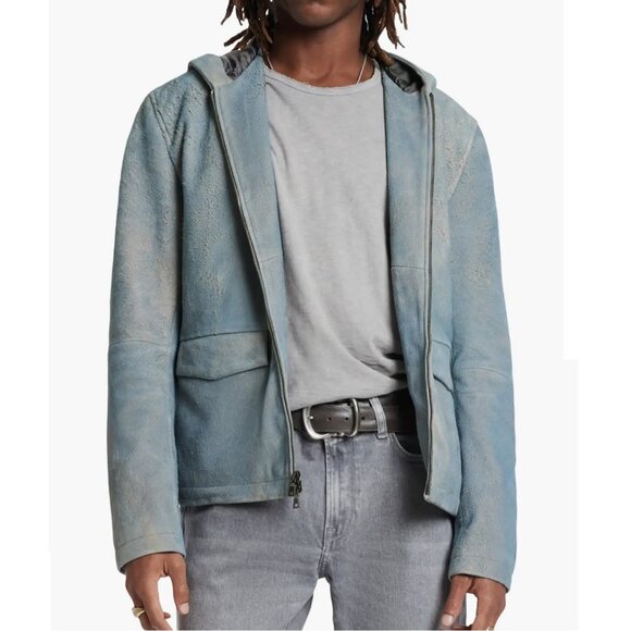 John Varvatos Collection Men's Mateo Hooded Jacket Distressed Sheep Leather Blue - Picture 6 of 7